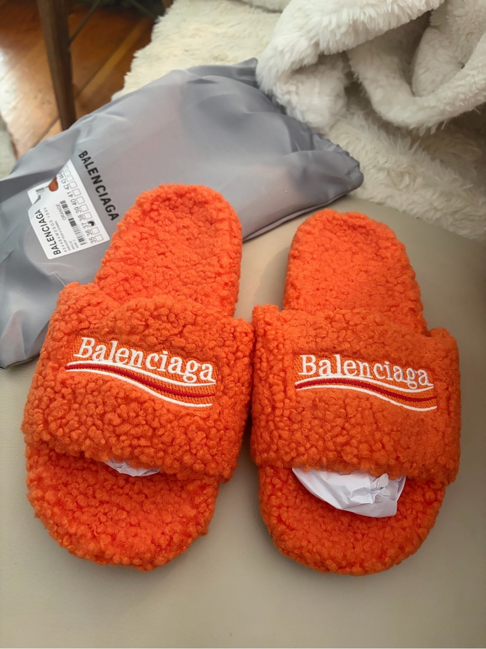 Balenciaga Bright Orange Sherpa Slides with White Logo